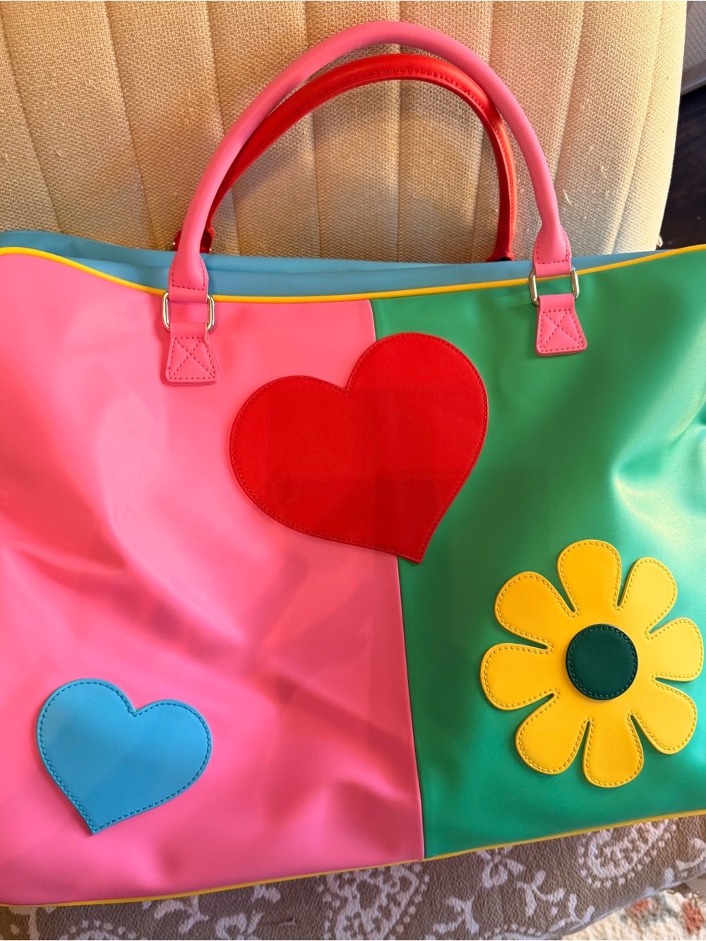 Colorblock Heart & Flower Tote Bag - Pink Green NWOT